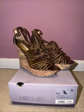 Jennifer Lopez Bronze Braided Cork Wedge Sandals - 8.5